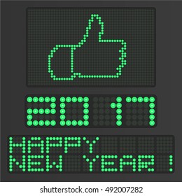 Happy New Year 2017 on the electronic screen. Digital big thumb up.