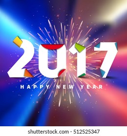 Happy new year 2017. On bokeh blurred background with fireworks, Vector simple style illustration