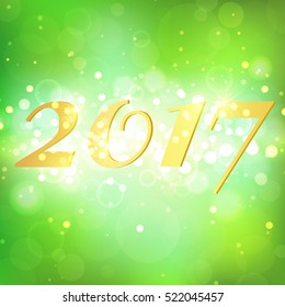 Happy New Year 2017 on green bokeh abstract background. Elegant layout desing with magic glitter sparkles. Greeting card with blurred backdrop. Vector illustration. EPS10