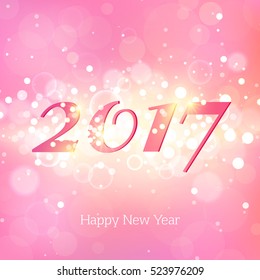 Happy New Year 2017 on pink abstract background. Elegant layout desing with magic glitter sparkles. Greeting card with blurred backdrop. Vector illustration. EPS10