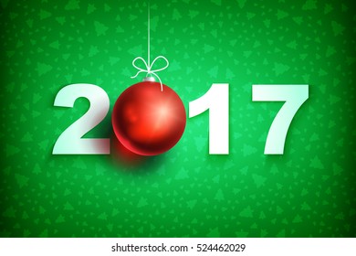 Happy New Year 2017 on green background. Christmas related ornaments objects on color background. Greeting Card Ready for your design. Vector Illustration.