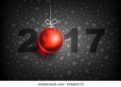 Happy New Year 2017 on dark background. Christmas related ornaments objects on color background. Greeting Card Ready for your design. Vector Illustration.