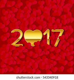 happy new year 2017 on red  hearts shape background,love concept