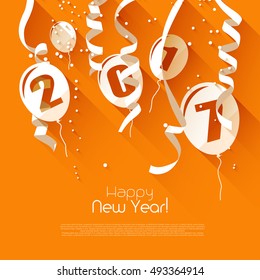 Feliz Año Nuevo 2017 - tarjeta naranja de bienvenida con globos de papel y confetti