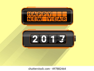 Happy  New Year 2017 in orange flip clock in yellow background . vector mechanical flip clock in the process of the flip