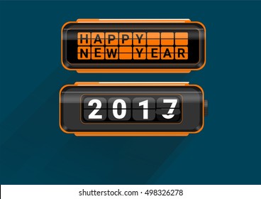 Happy New Year 2017 Orange flip clock in dark blue background . vector mechanical flip clock in the process of the flip