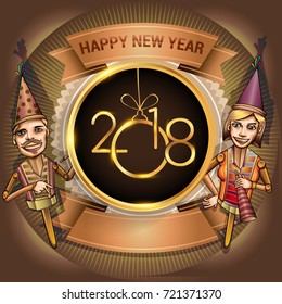 happy new year 2017, people party vector illustration, design gold colored, vector elements for greeting card new year celebration