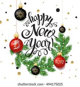 Happy New year 2017 poster card. Calligraphy text, on the white background with gold snowflakes, and the branches of a Christmas tree with toys. Signs isolate, winter theme template. Vector 