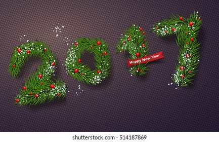 Happy New Year 2017 poster. Banner with snow and branches of christmas tree. Christmas design, decor. Knitted background. Vector illustration.