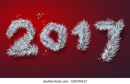 Happy New Year 2017 poster. Banner with snow and branches of christmas tree. Christmas design, decor. Knitted red background. Vector illustration.