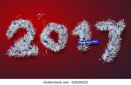 Happy New Year 2017 poster. Banner with snow and branches of christmas tree. Christmas design, decor. Knitted red background. Vector illustration.