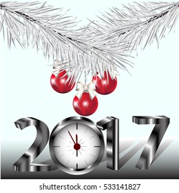 Happy New Year 2017 poster watch. Banner with Christmas balls and Christmas tree branches. Christmas design, decor. Vector illustration.