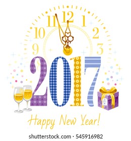 Happy New Year 2017 poster template design, frame banner vector illustration. Sparkling champagne wine glasses, clock face, retro text lettering, gift box. Isolated on white background