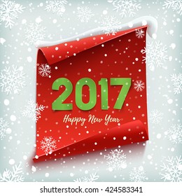 Happy New Year 2017. Red, curved, paper banner on winter background with snow and snowflakes. Vector illustration.