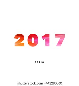 Happy New Year 2017 red orange digits background and design element. Calendar and greeting card template. Colorful, polygonal overlay typeface on white background.