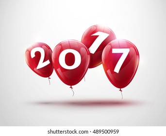 Happy New Year 2017 red balloons design. Greeting card with red balloons celebration decoration.