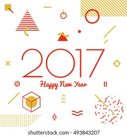 Happy New Year 2017. Red and gold geometric color elements on white background. Memphis style.