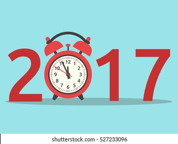 Happy New Year 2017 with red clock on blue background. New year, happy and christmas concept. Flat design. Vector illustration. EPS 8, no transparency