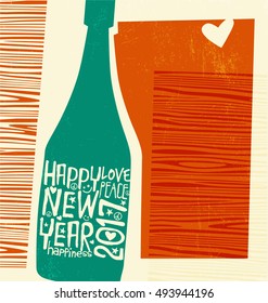 Happy New Year 2017 retro design. abstract champagne bottle with inspiring handwritten typography