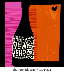 Happy New Year 2017 retro design. abstract champagne bottle with inspiring handwritten typography