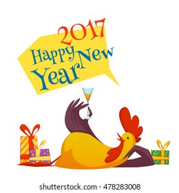 Happy new year 2017 rooster set. Vector illustration with rooster and gifts isolated on white background.