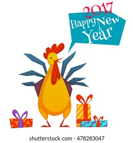 Happy new year 2017 rooster set. Vector illustration with rooster and gifts isolated on white background.