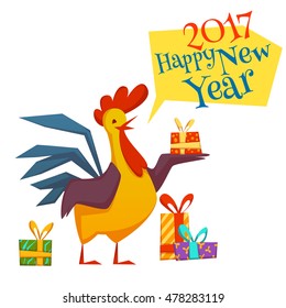 Happy new year 2017 rooster set. Vector illustration with rooster and gifts isolated on white background.