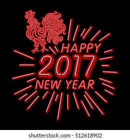 happy new year 2017 rooster decorative elements for winter holidays in flat and neon style,drawing by color lines on black background art