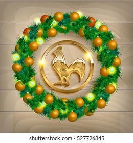 Happy New Year. 2017 year of rooster. Template vector card with rooster and snowflakes. Christmas tree with balls on the wood table. Shiny Christmas garland.