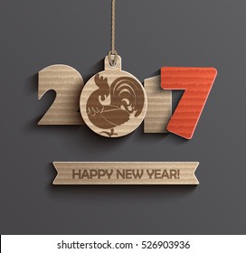 Happy New Year 2017. Year of roster 2017 with ribbon and text happy new year. Vector illustration.