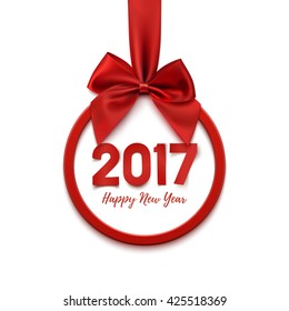 Happy New Year 2017 round banner with red ribbon and bow, on white background. Christmas tree decoration. Greeting card template. Vector illustration.