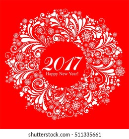 Happy new year 2017! Round frame. Wreath. Winter card. Vector illustration.