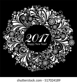 Happy new year 2017! Round frame. Wreath. Winter card. Vector illustration.