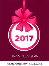 Happy New Year 2017 round banner with pink ribbon and big bow. Toy with white center. Christmas tree decoration. Bright bow with six wide petals. Simple cartoon design. Front view. Flat style. Vector.