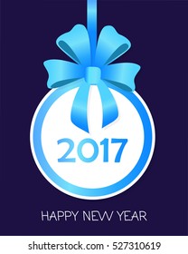 Happy New Year 2017 round banner with red ribbon and big bow. Toy with white center. Christmas tree decoration. Greeting card template. Simple cartoon design. Front view. Flat style. Vector.