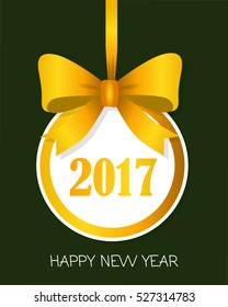 Happy New Year 2017 round banner with yellow ribbon and big bow. Toy with white center. Christmas tree decoration. Bow with two petals. Simple cartoon design. Front view. Flat style. Vector.