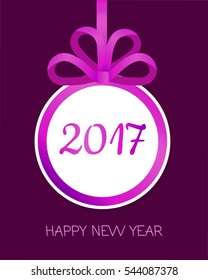 Happy New Year 2017 round banner with violet ribbon and big bow. Toy with white center. Christmas tree decoration. Bow with four narrow petals. Simple cartoon design. Front view. Flat style. Vector.