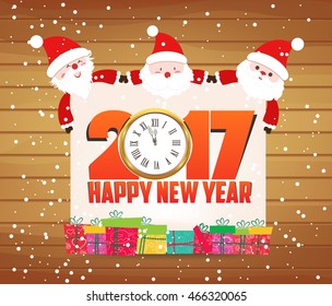 Happy new year 2017 Santa claus and clock  greeting card