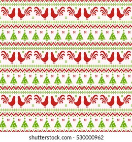 Happy New Year 2017! Seamless pattern with roosters, Christmas trees and knitted ornament. Vector background in traditional white, red and green colors