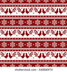 Happy New Year 2017! Seamless pattern with roosters and snowflakes. Striped background in red and white colors. Vector illustration