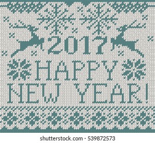 Happy New Year 2017 seamless blue pattern. Scandinavian style knitted seamless pattern with deer and snowflakes. Sweater with deers.