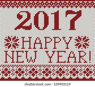Happy New Year 2017 seamless red pattern. Scandinavian style knitted seamless pattern with deer and snowflakes. Sweater with deers.