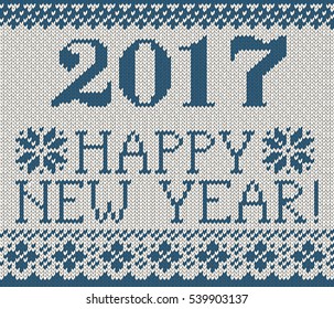 Happy New Year 2017 seamless blue pattern. Scandinavian style knitted seamless pattern with deer and snowflakes. Sweater with deers.