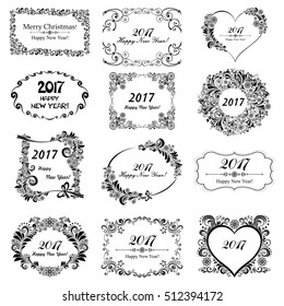 Happy new year 2017! Set of decorative Christmas frames and labels. Celebration background with snowflake, star and place for your text. Vector Illustration