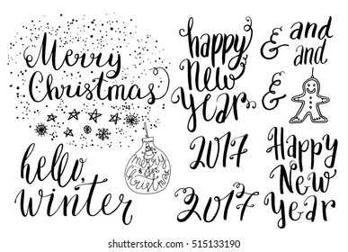 Happy new year 2017 set of lettering, hand drawn ink dots and words