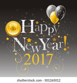 Happy new year 2017 silver golden logo icon. Vector poster with clock, balloons. Abstract holiday design template. Vintage symbols, swirls pattern, text lettering banner. Black night sky background