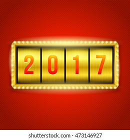 Happy New Year 2017 slots background. Gold slot machine illustration with 2017 numbers. Eps10 vector.
