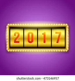 Happy New Year 2017 slots background. Gold slot machine illustration with 2017 numbers. Eps10 vector.