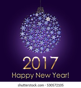 Happy New Year 2017 Snowball Background. Holiday Invitation or Greeting Card with Circle of Snowflakes. Golden Confetti with Snow on Dark Blue Background. Merry Christmas and New Year Template.