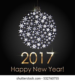 Happy New Year 2017 Snowball Background. Holiday Invitation or Greeting Card with Circle of Snowflakes. Golden Confetti with Snow on Dark Blue Background. Merry Christmas and New Year Template.
